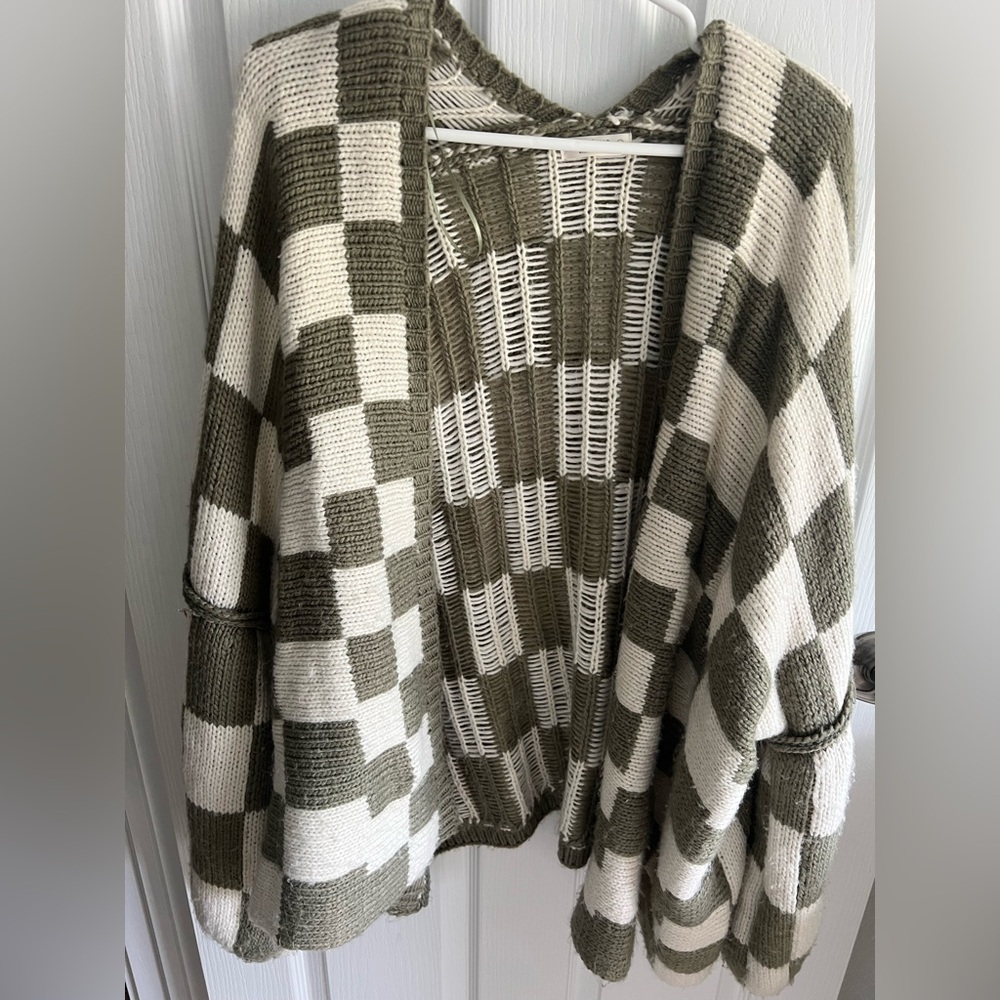 Olive and Cream Checkered Open-Front Knit Cardigan